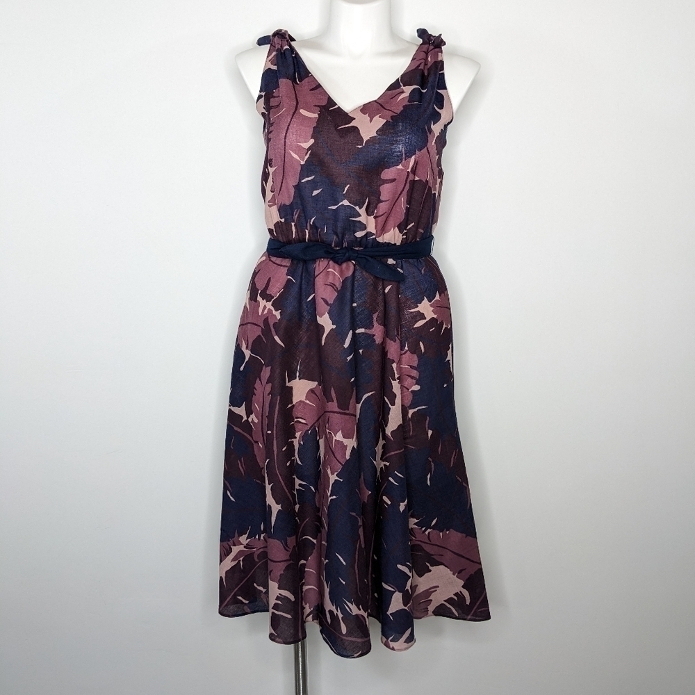 NWT Vintage Dead stock Parade purple semi sheer leaf print tie waist dress 14